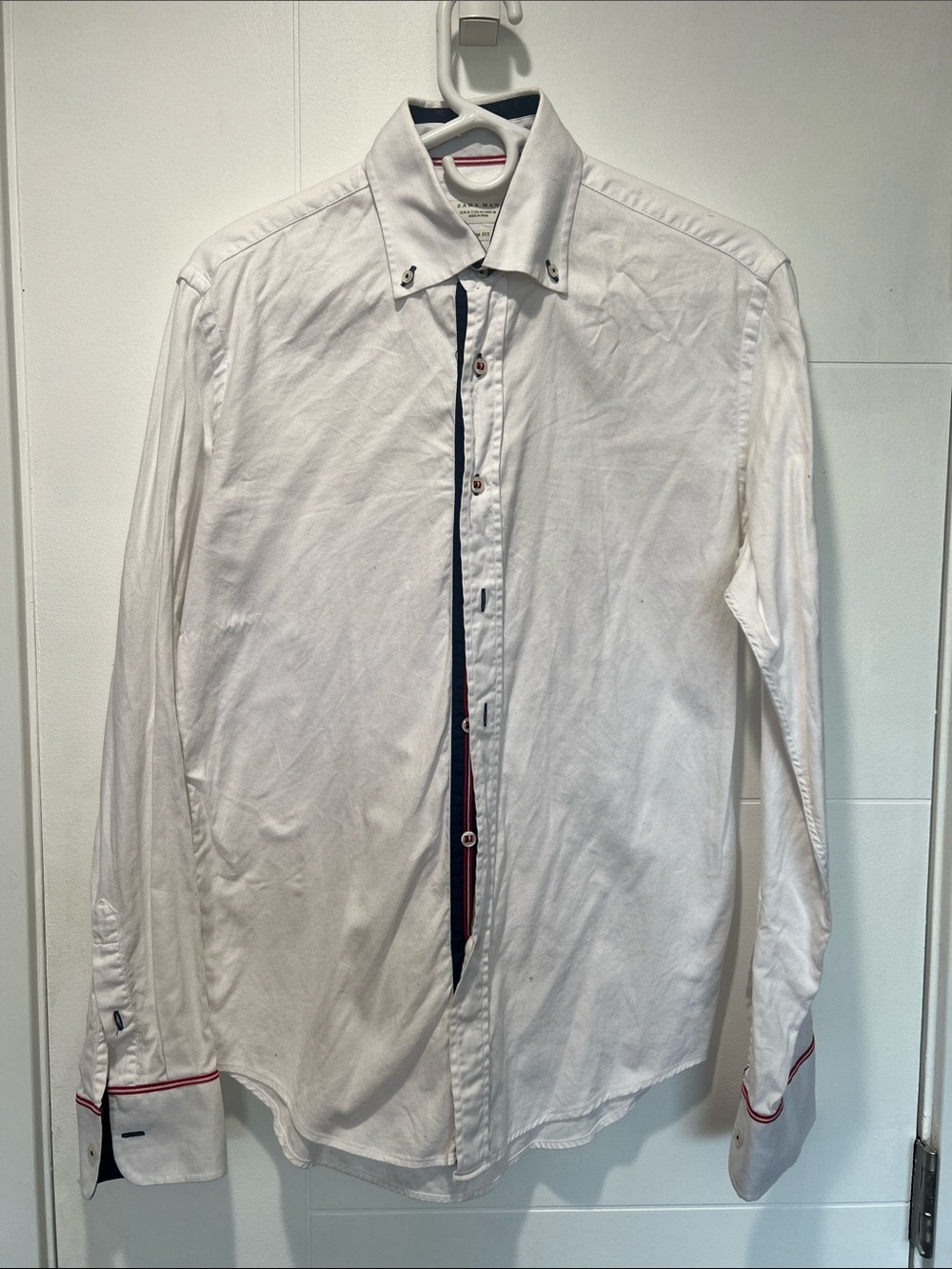 Zara White Dress Shirt with Navy and Red Trim - Size Medium